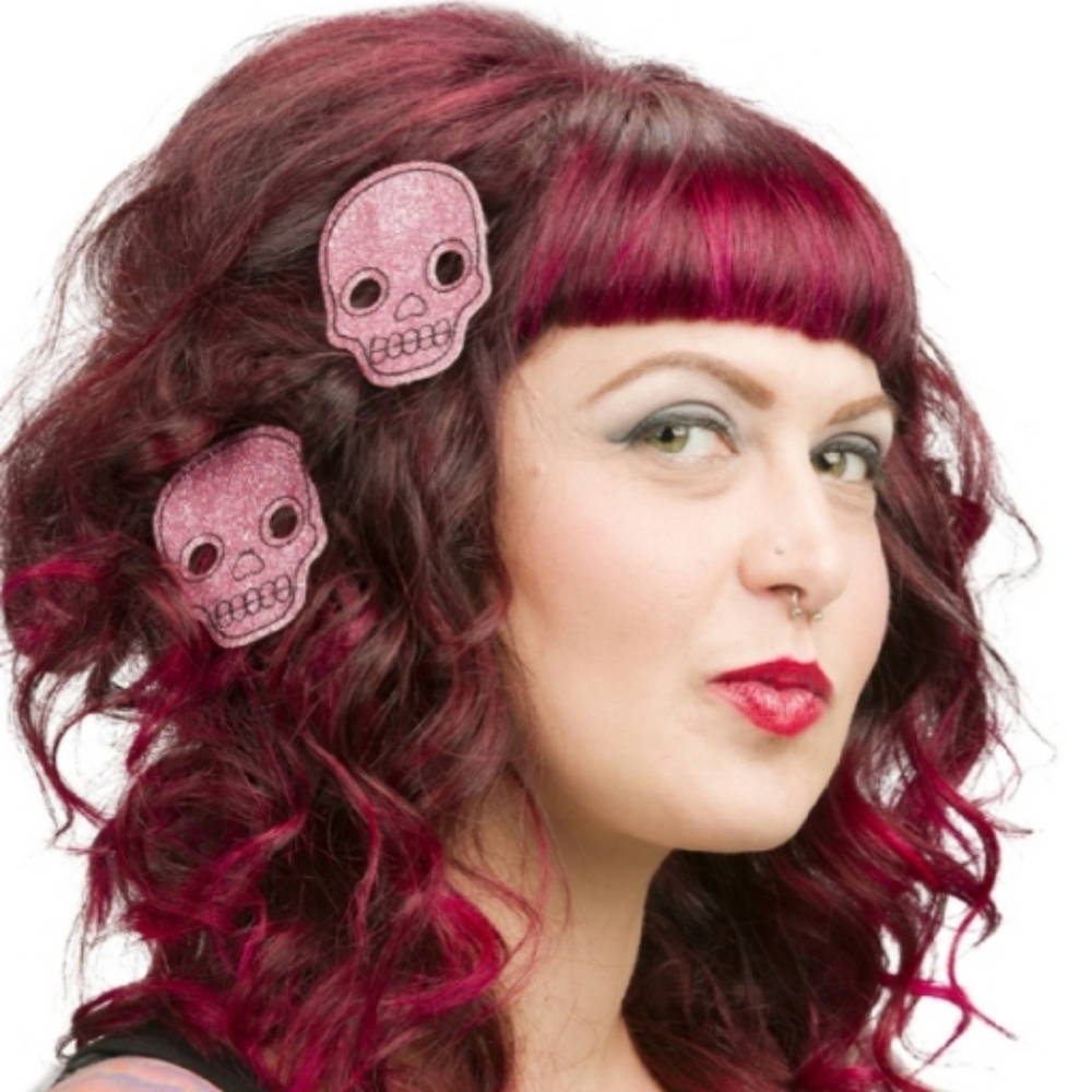 Sourpuss Pink Skull Goulish Glitter 2" x 2.5" Hair Alligator Clips 2pc SET